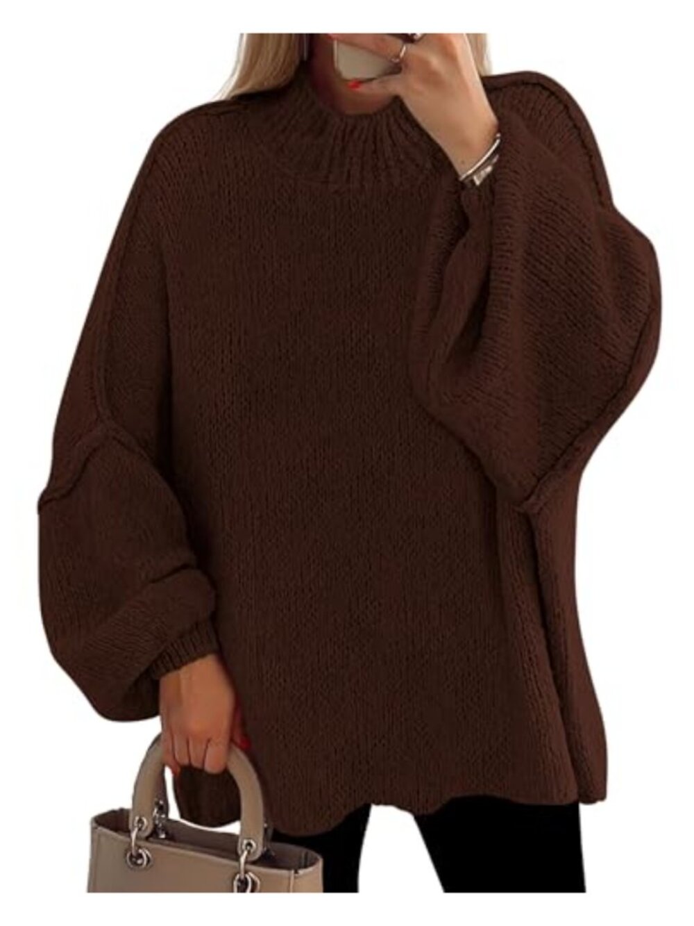 Oversized Mock Neck Chunky Knit Pullover Sweater Drop Shoulder Tunic